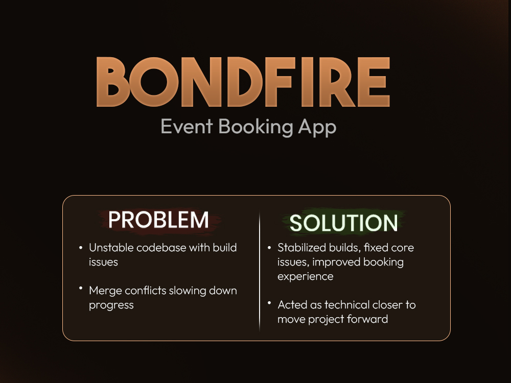 Bondfire – Event Booking App Stabilization & Feature Enhancements